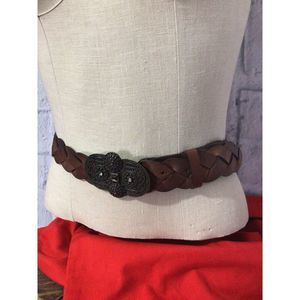 Vintage Braided Woven Genuine Leather Belt With Filagree Rhinestone Buckle Size